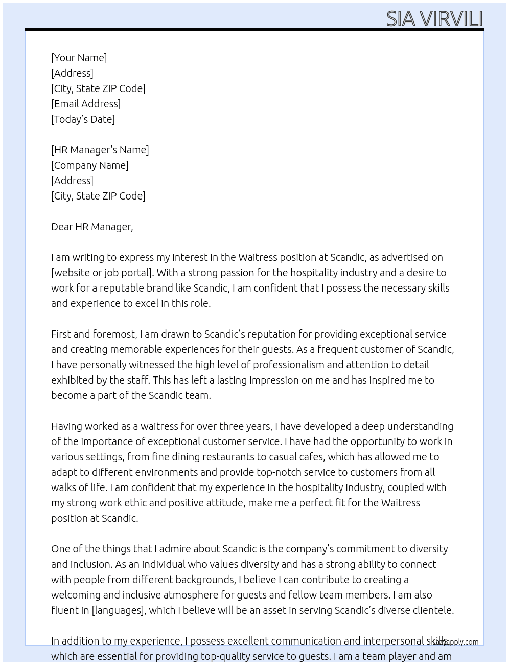 WAITRESS At SCANDIC Cover Letter