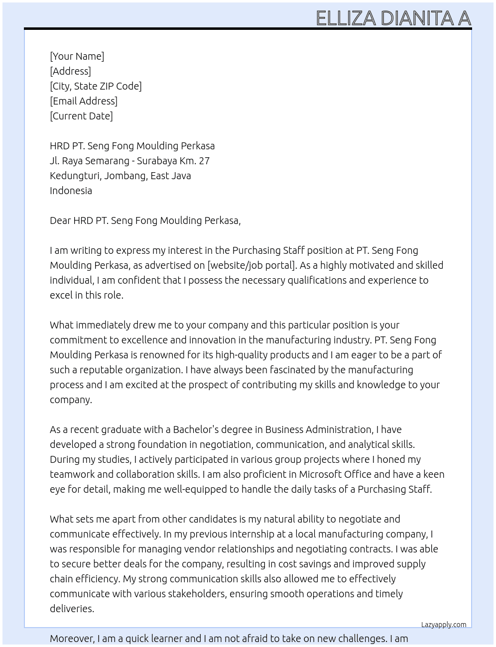 Purchasing Staff At PT. Seng Fong Moulding Perkasa Cover Letter