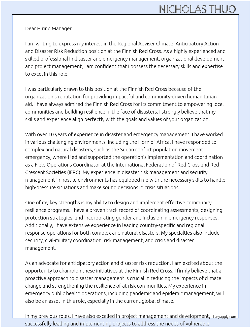 Regional Adviser Climate, Anticipatory Action and Disaster Risk Reduction At Finnish Red Cross Cover Letter