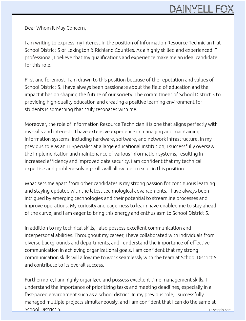 Information Resource Technician II At School District 5 of Lexington & Richland Counties Cover Letter