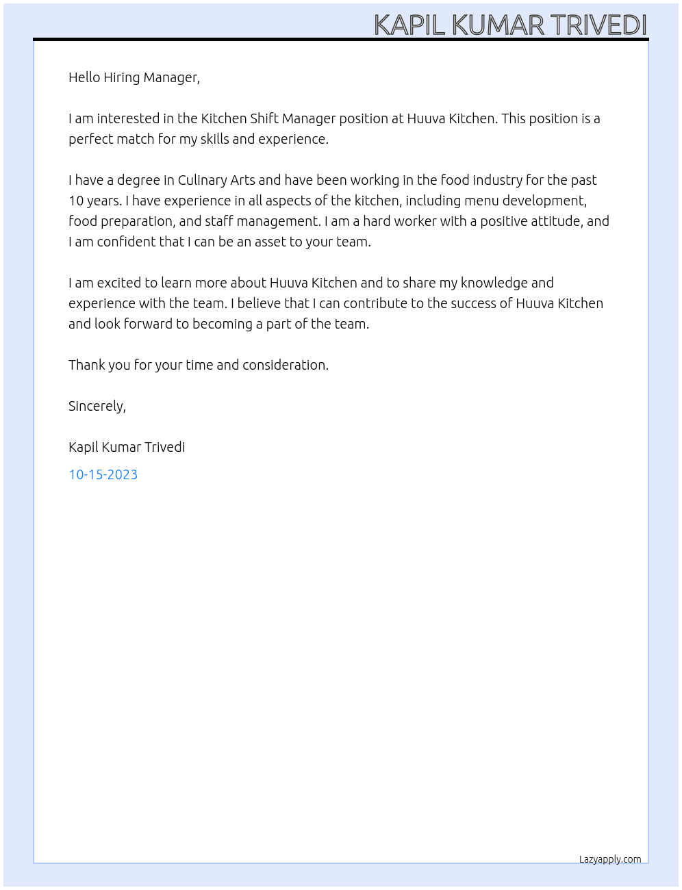 Kitchen Shift Manager At Huuva Kitchen Cover Letter