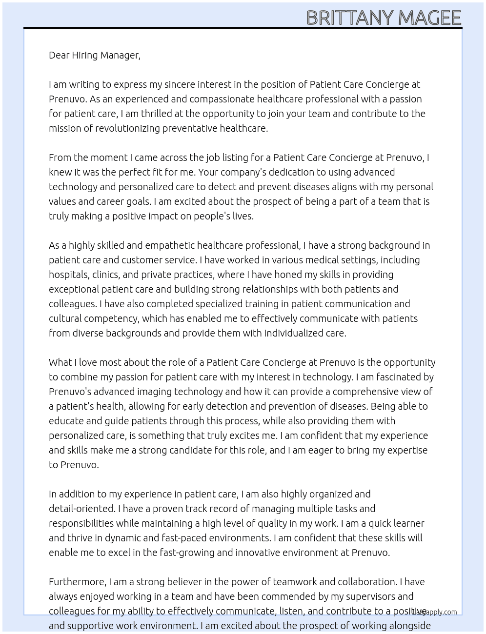 Patient care concierge  At Prenuvo Cover Letter