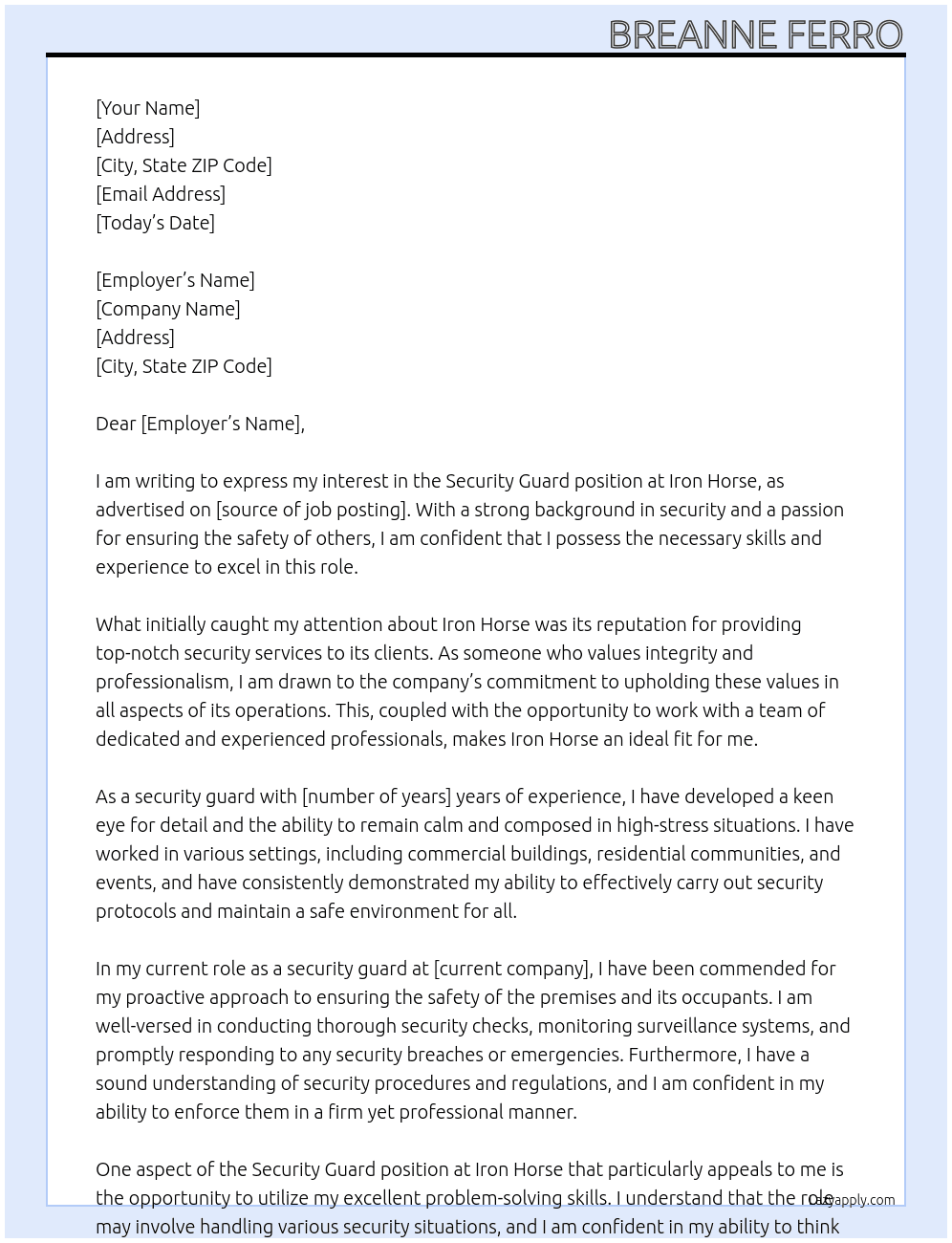 Security Guard At Iron Horse Cover Letter