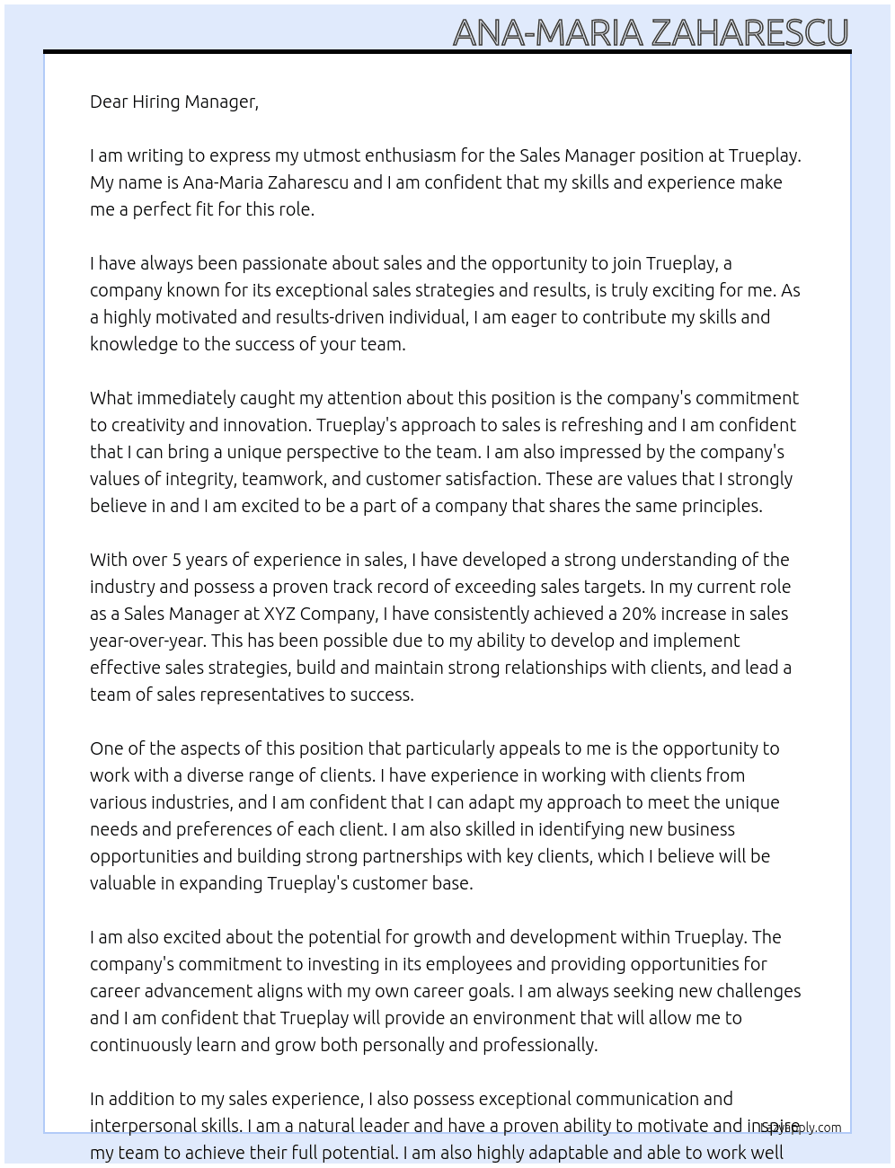 Sales Manager At Trueplay Cover Letter