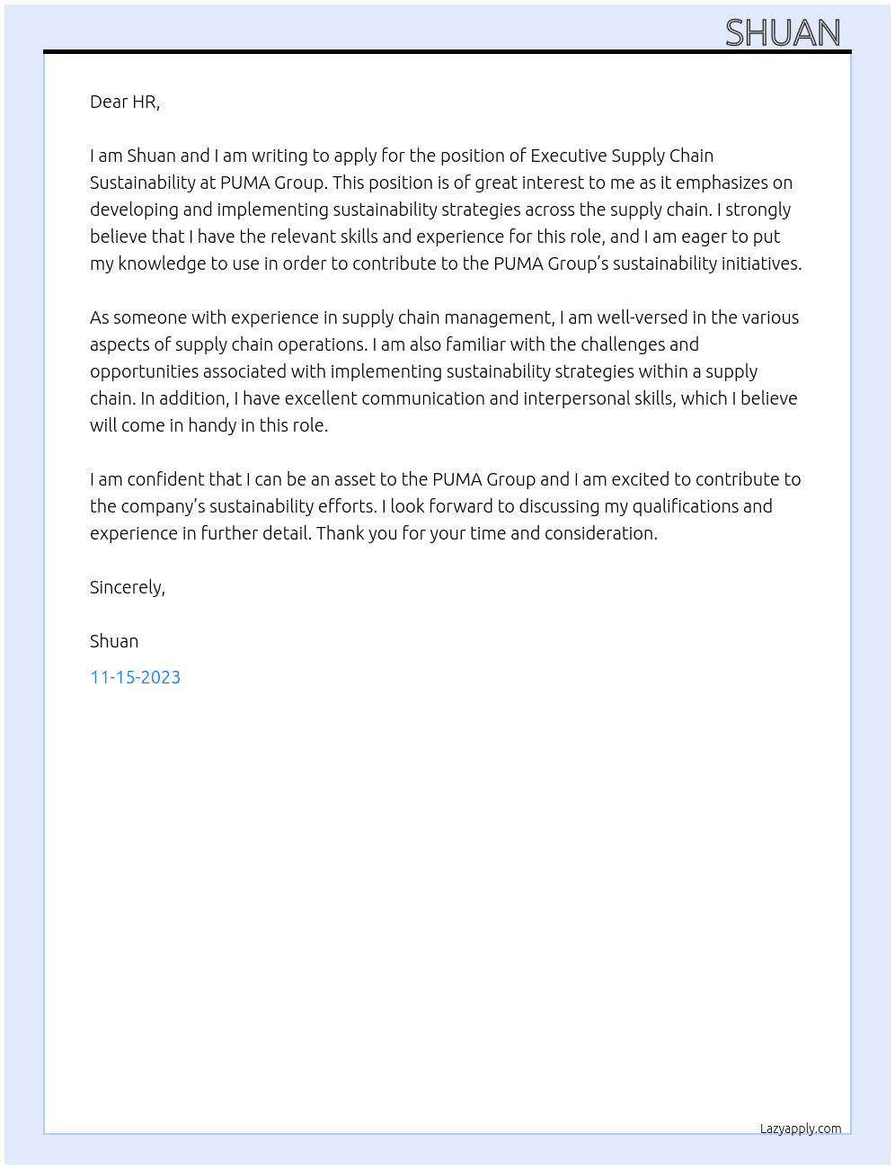 Executive Supply Chain Sustainability At PUMA Group Cover Letter