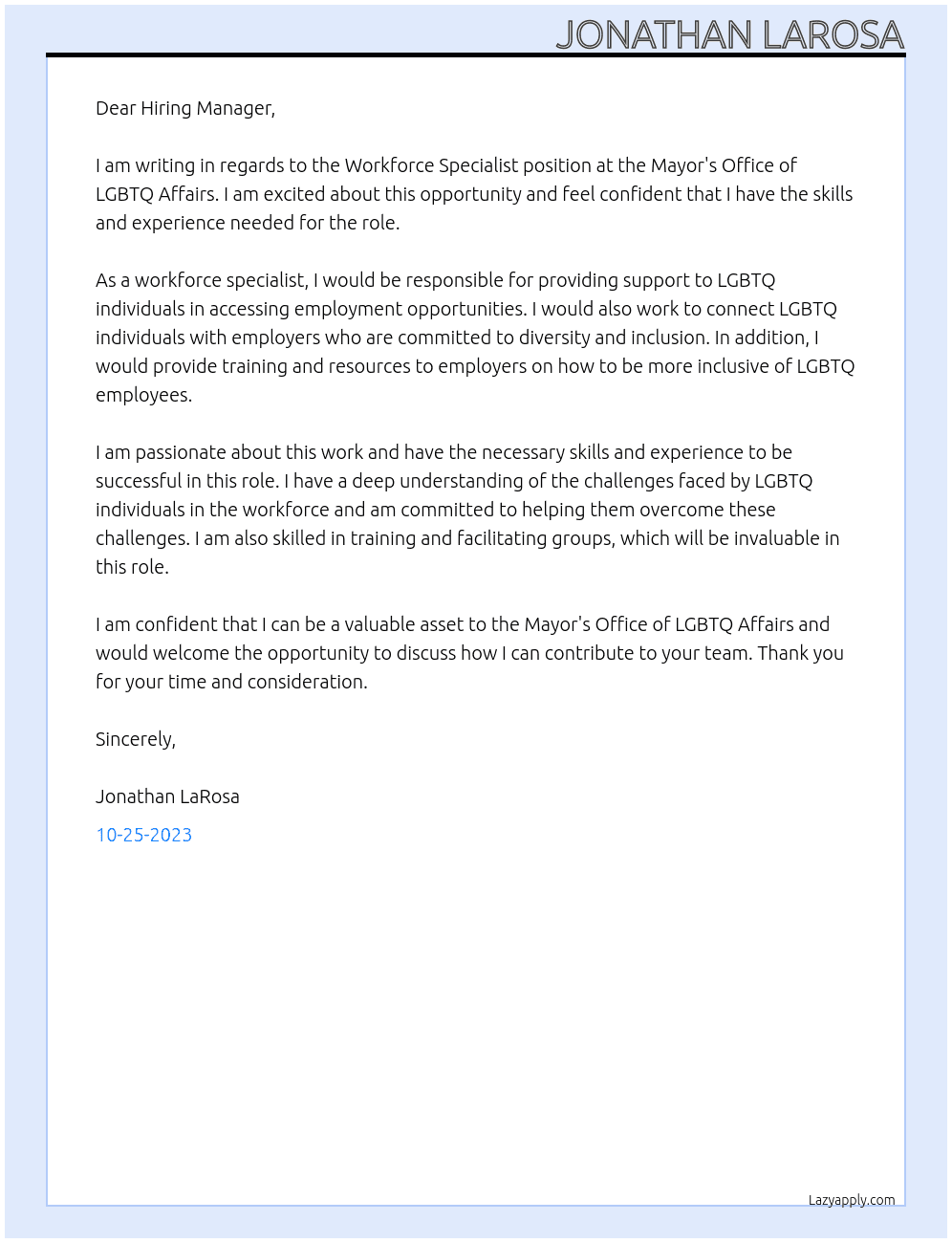 Workforce Specialist At Mayor's Office of LGBTQ Affairs Cover Letter