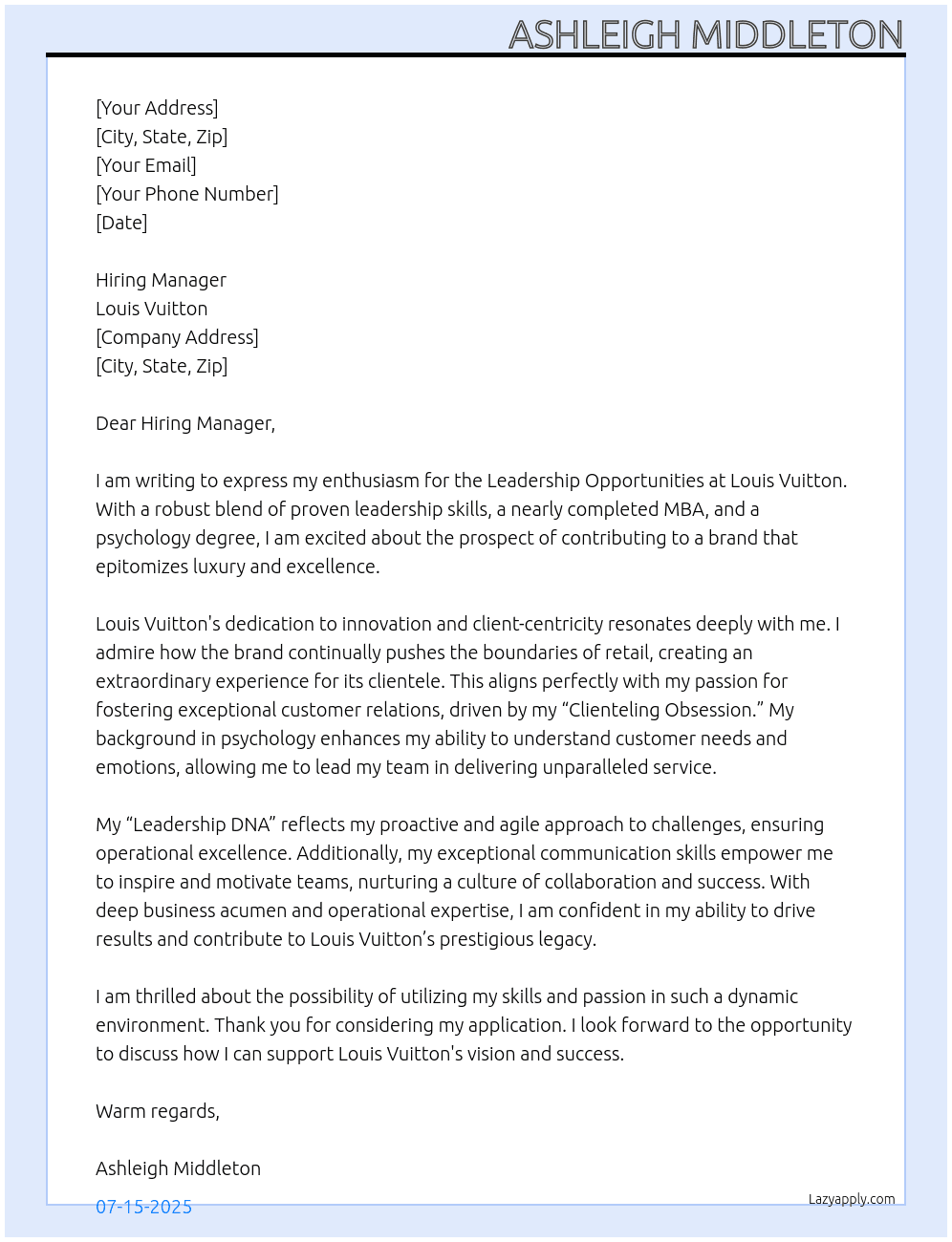 Leadership Opportunities  At Louis Vuitton Cover Letter