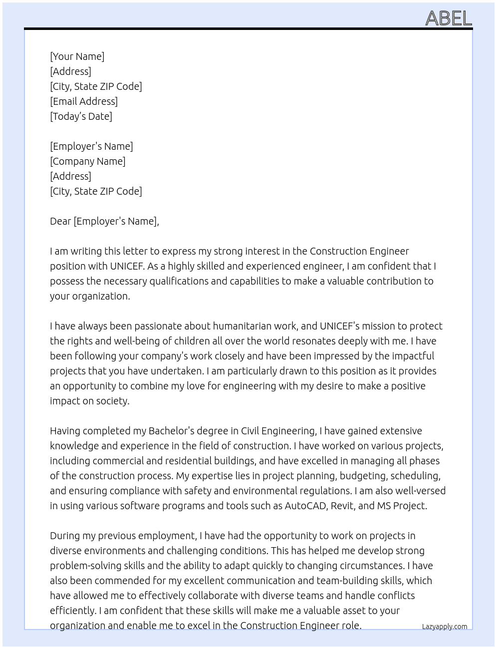 Construction engineer At unicef Cover Letter