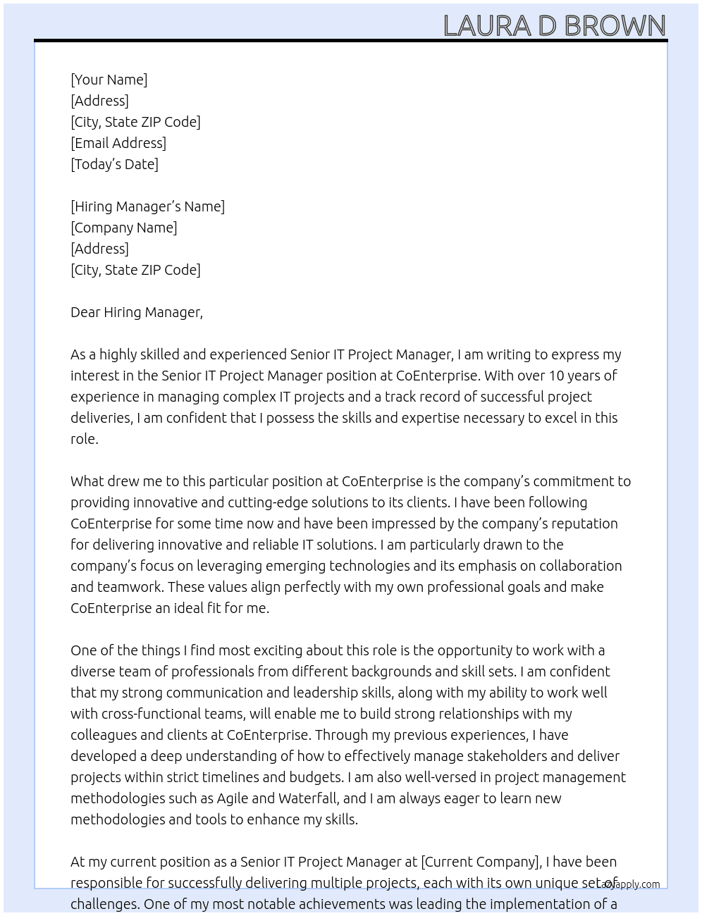 Senior IT Project Manager At CoEnterprise  Cover Letter
