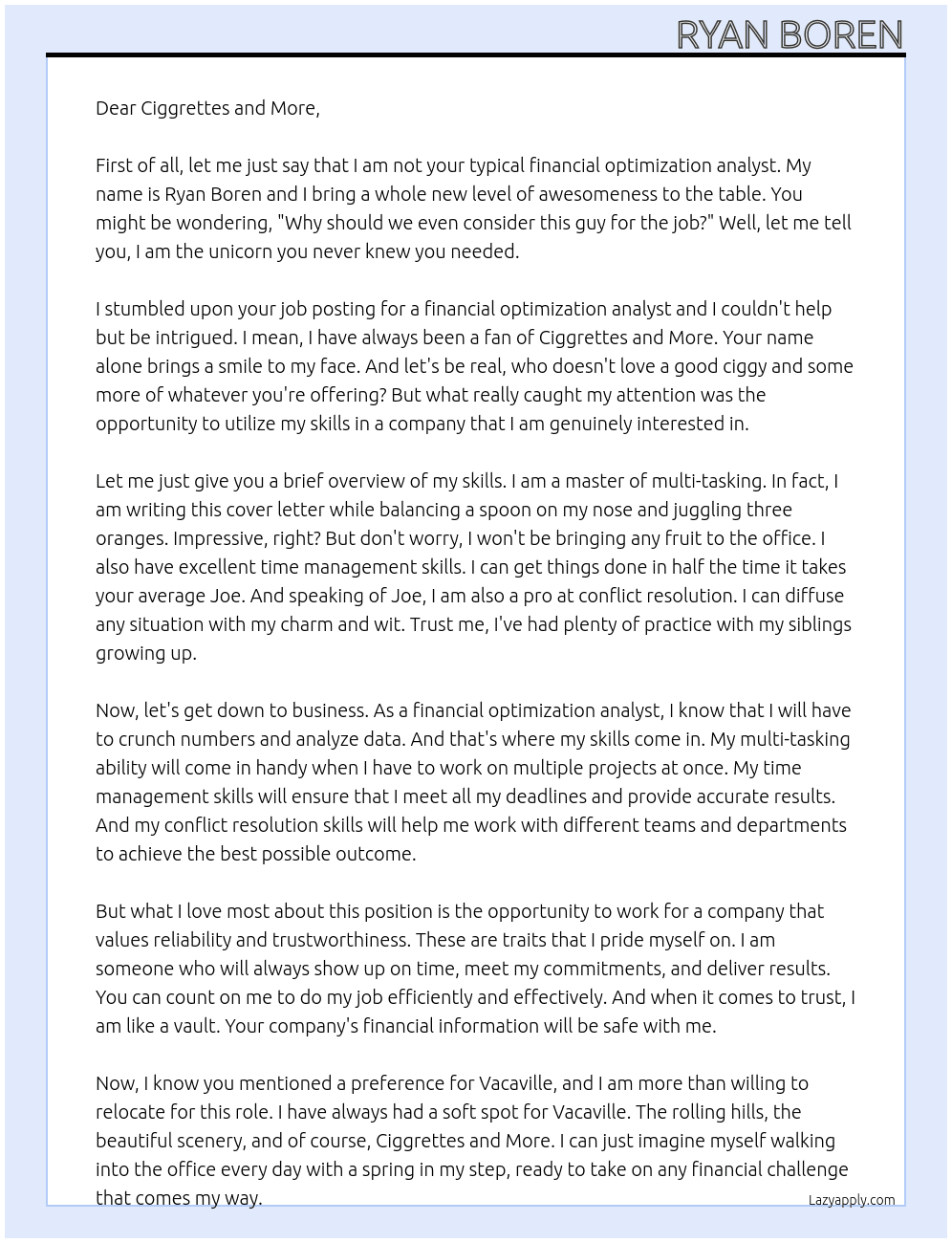 Financial Optimization Analyst At Ciggrettes and More Cover Letter