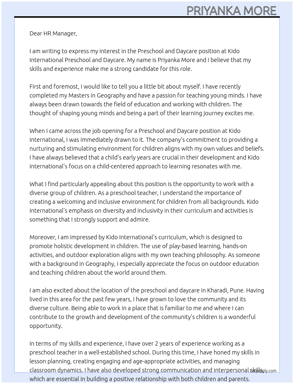 Preschool and Daycare  At Kido International Preschool and Daycare  Cover Letter