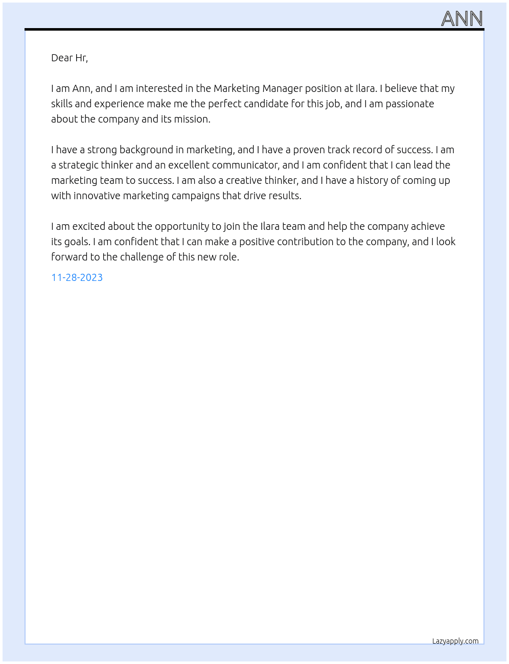 Marketing Manager At Ilara Cover Letter