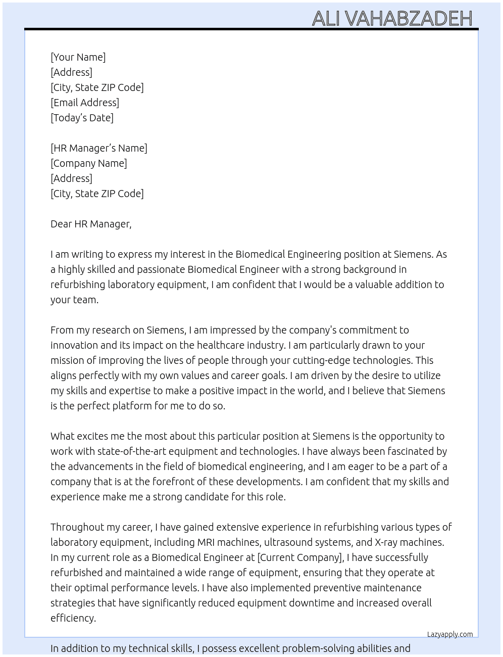 Biomedical engineering At Siemens Cover Letter