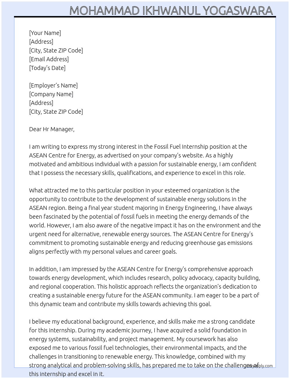 Fossil fuel internship At ASEAN Centre for Energy Cover Letter