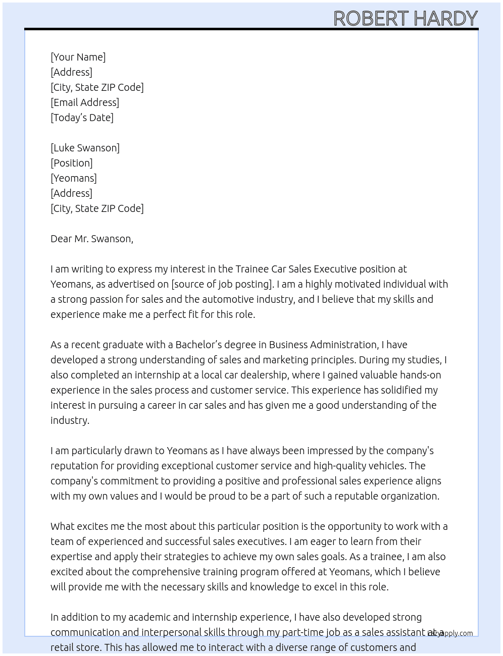 Trainee Car Sales Executive At Yeomans Cover Letter