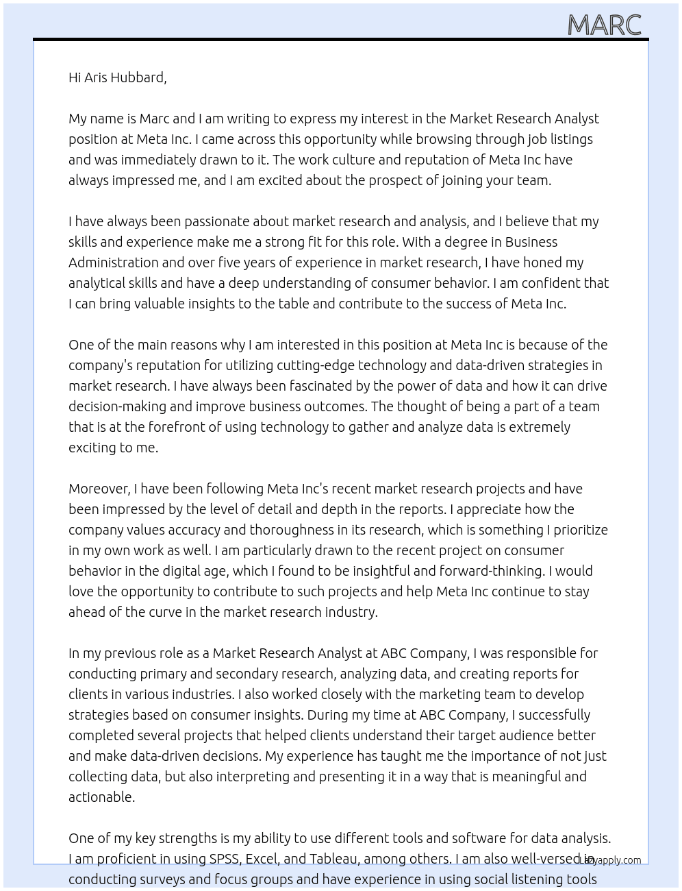 Market Reasearch analyst At Meta Inc Cover Letter