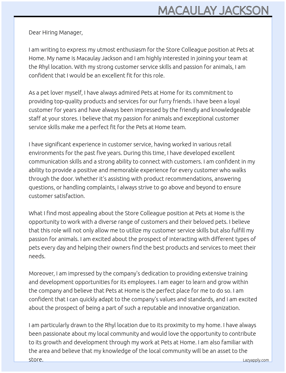 Store colleague  At Pets at home  Cover Letter