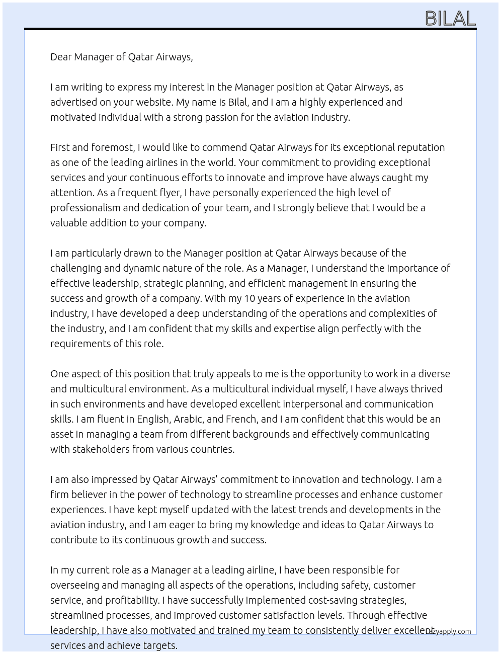 manager At qatar aiways Cover Letter