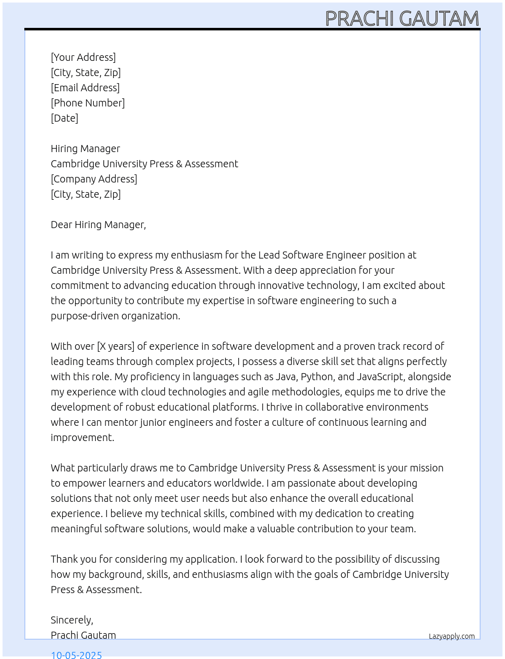Lead Software Engineer At Cambridge University Press & Assessment Cover Letter