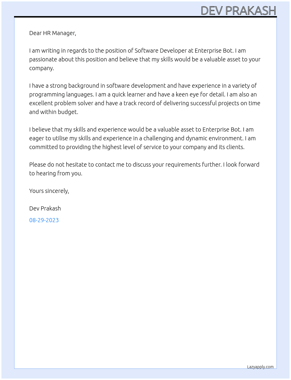 Software Developer At Enterprise Bot Cover Letter