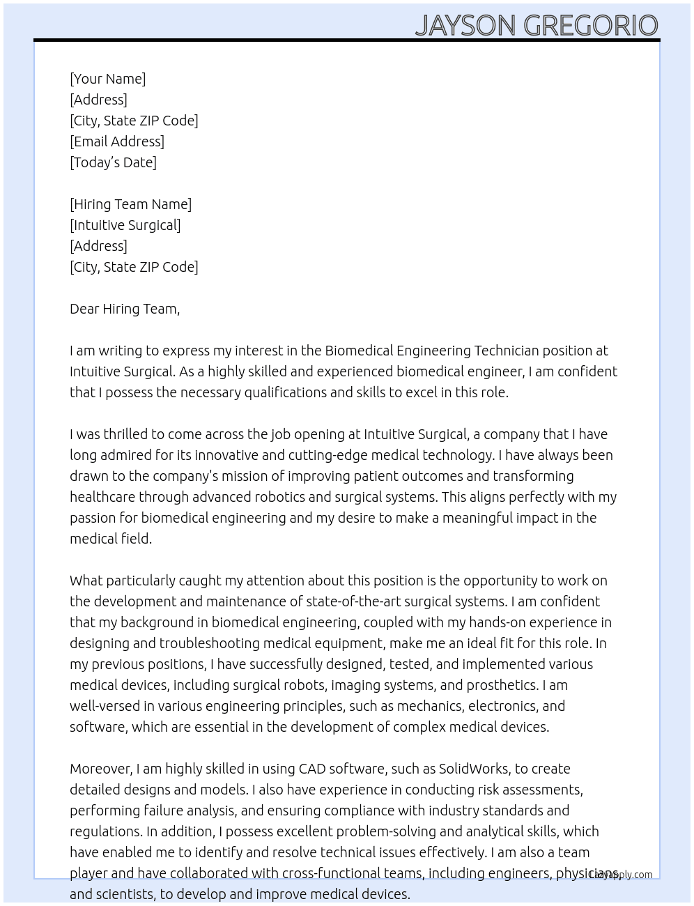Biomedical Engineering Technician  At Intuitive Surgical  Cover Letter
