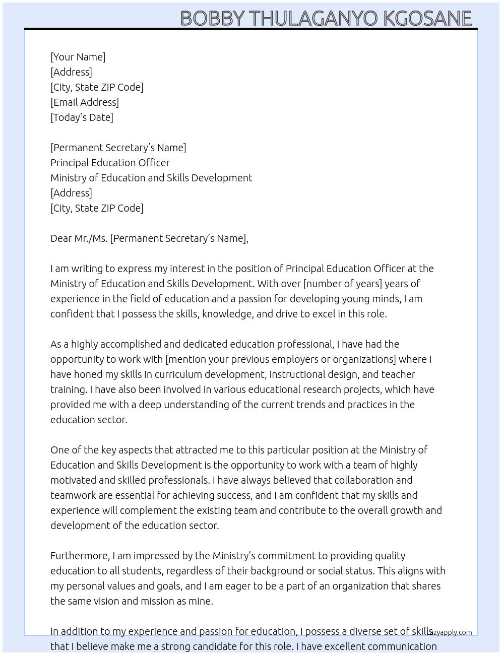 Principal Education officer  At Ministry of Education and skills development  Cover Letter