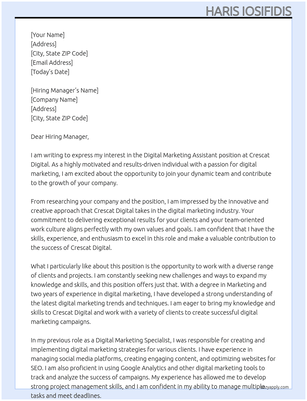Digital Marketing Assistant At Crescat Digital Cover Letter