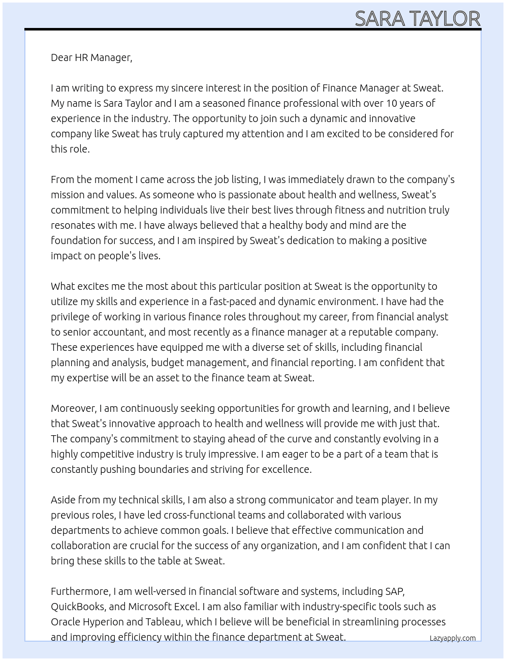 Finance Manager At Sweat Cover Letter
