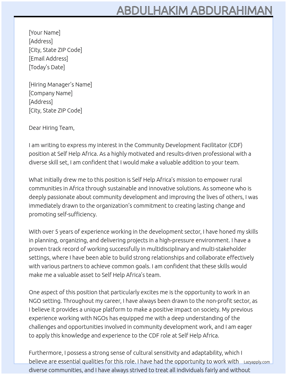 Community Development Facilitator (CDF) At Self Help Africa Cover Letter