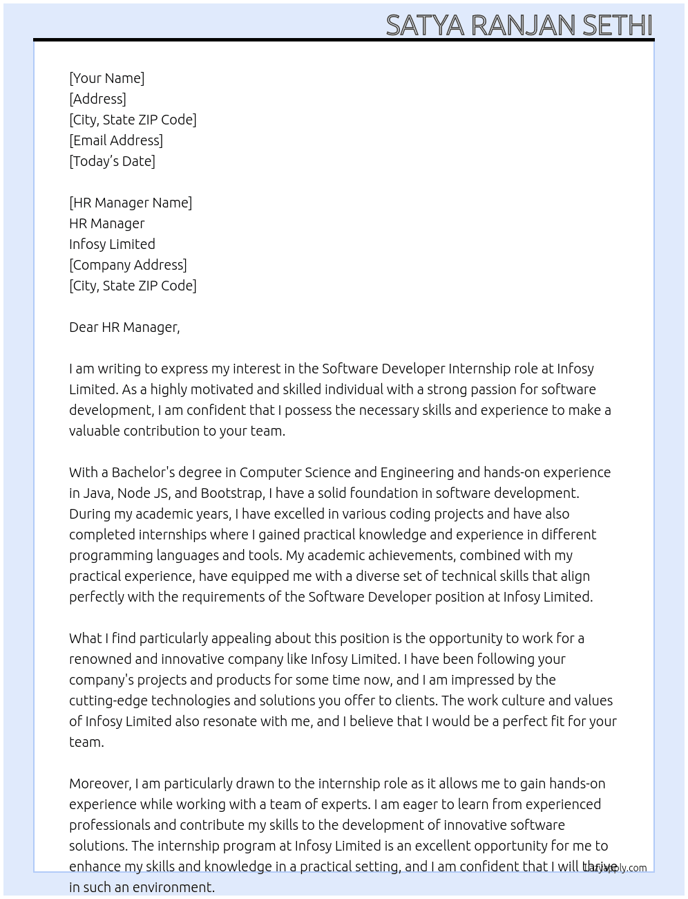 Software Developer  At Infosy Limited  Cover Letter