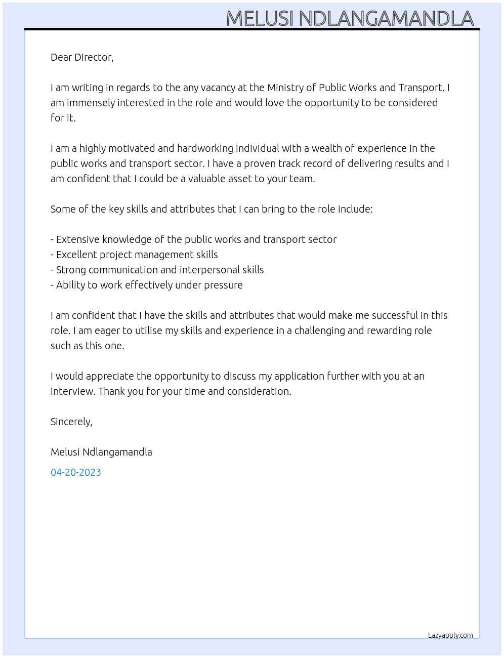 Any vacancy At Ministry of Public Works and Transport  Cover Letter