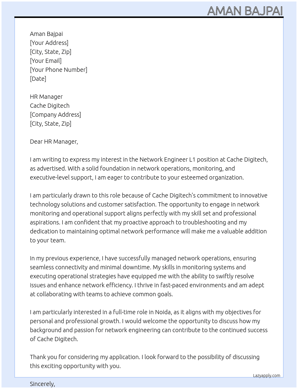 Network Engineer L1 At Cache Digitech Cover Letter