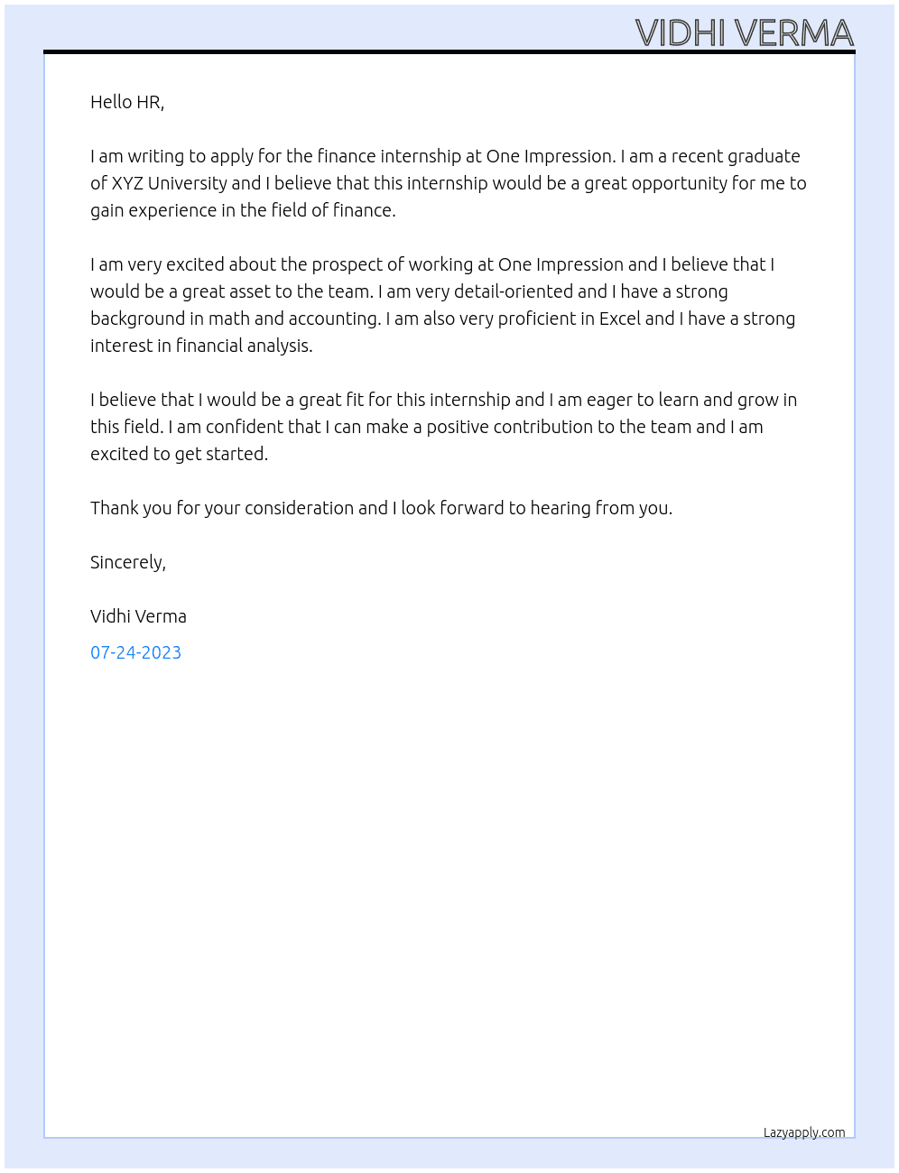 Finance internship At One Impression Cover Letter