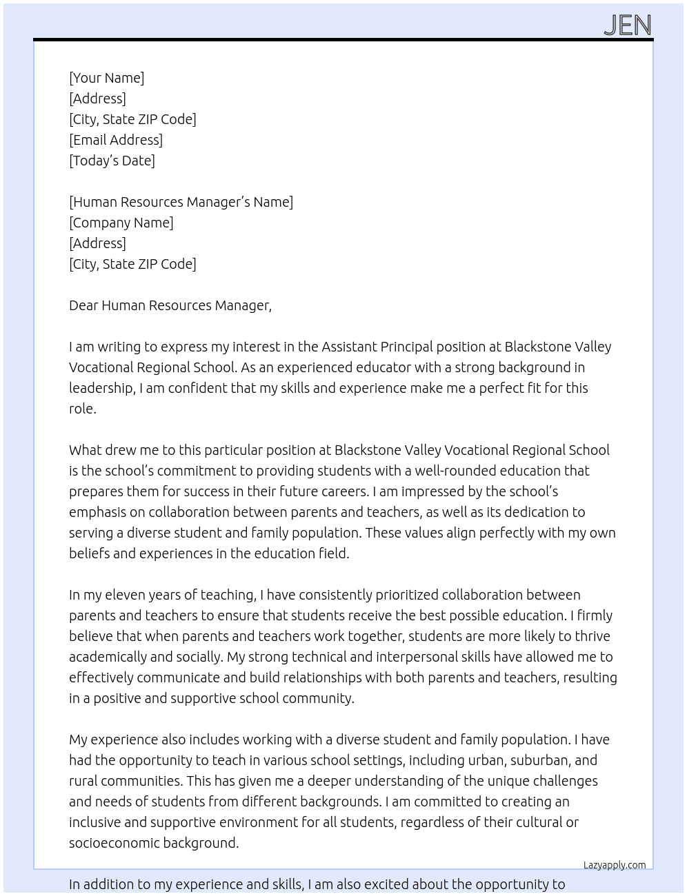 Assistant Prinicpal At Blackstone Valley Vocational Regional School Cover Letter