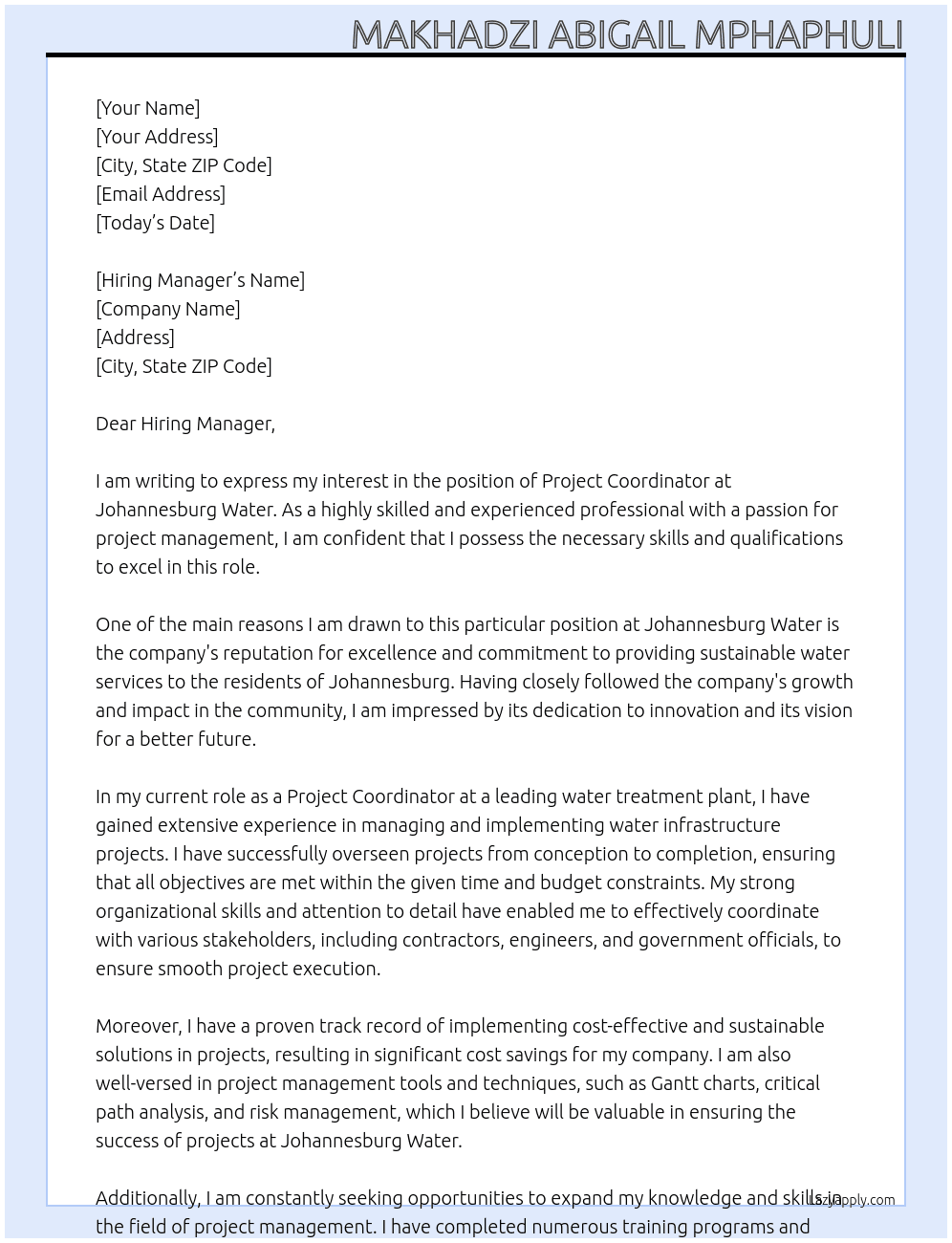 Project Coordinator  At Johannesburg Water  Cover Letter
