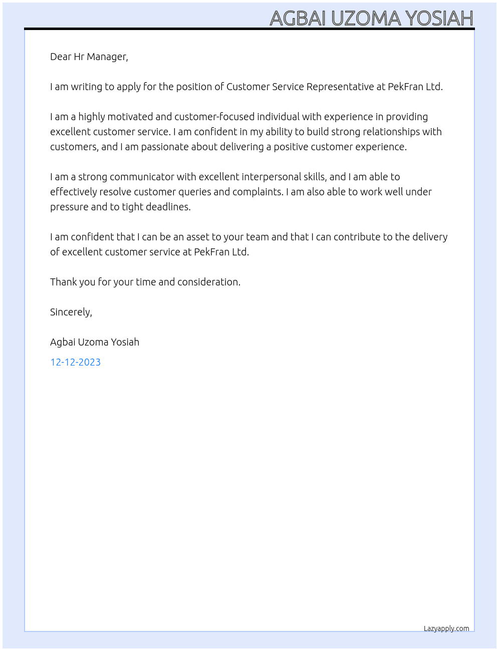 Customer Service Representative At PekFran Ltd Cover Letter