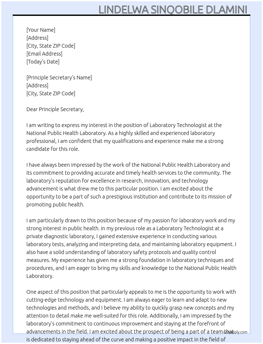 Laboratory Technologists  At National Public Health Laboratory  Cover Letter