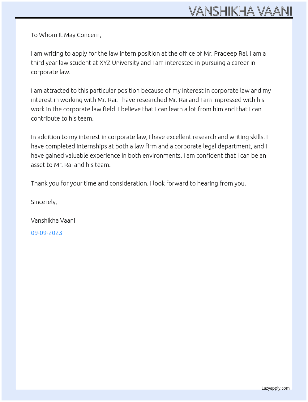 law intern At office of mr. pradeep rai Cover Letter