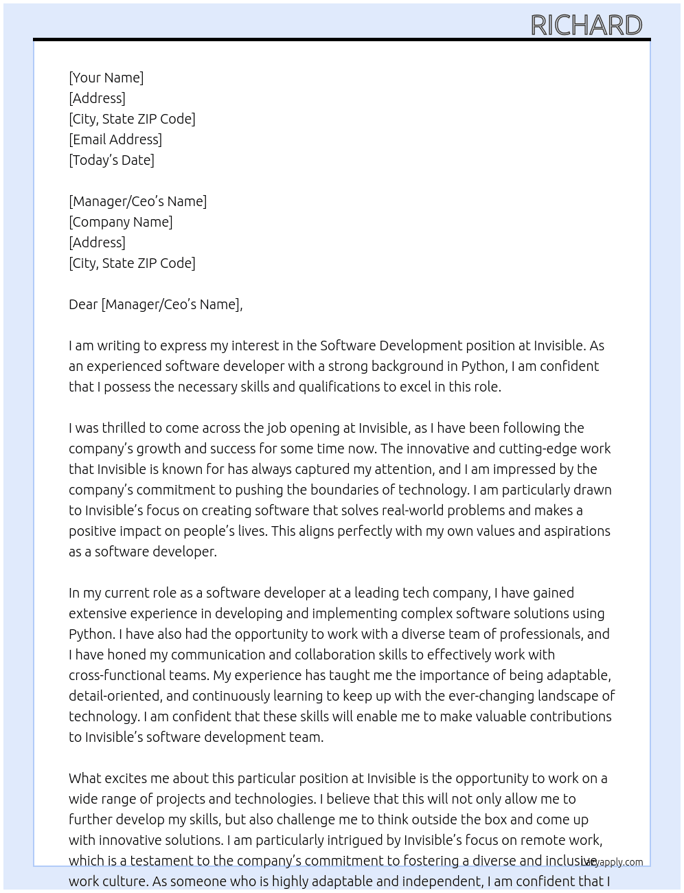 Software development  At Invisible  Cover Letter