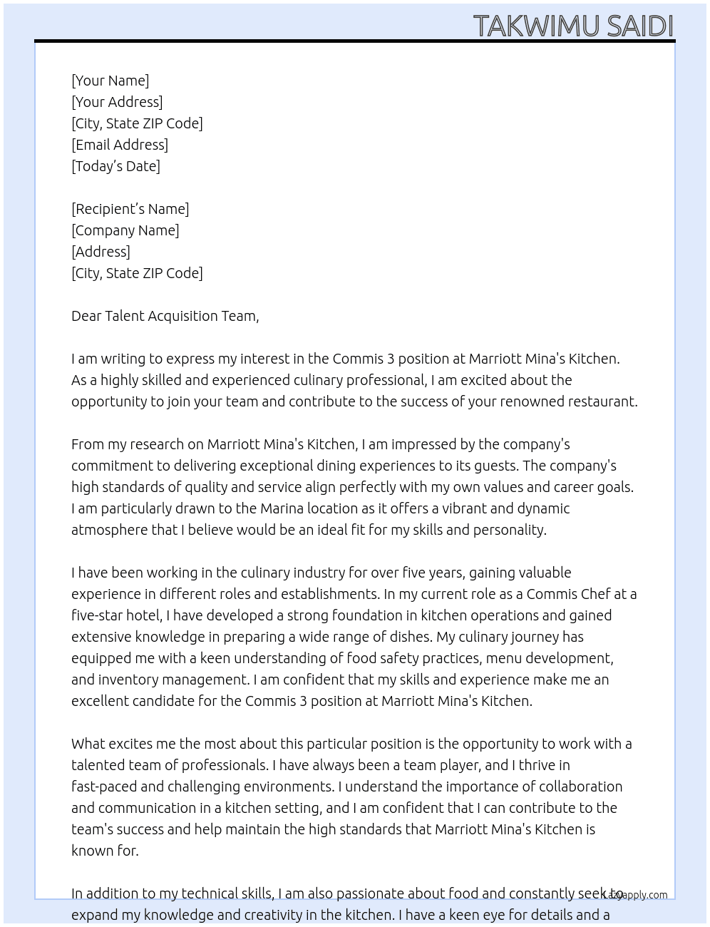 Commis 3  At Marriott Mina's kitchen  Cover Letter