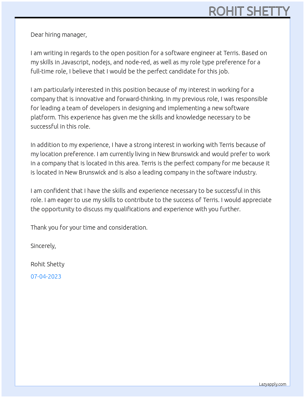 Software Engineer At Terris Cover Letter