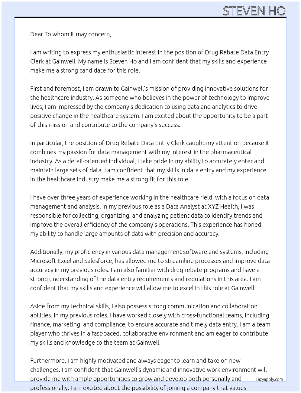 Drug Rebate Data Entry Clerk At Gainwell Cover Letter