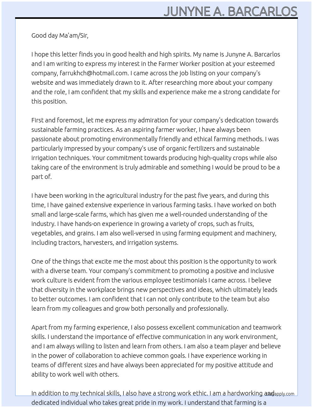 Farmer Worker At farrukhch@hotmail.com Cover Letter