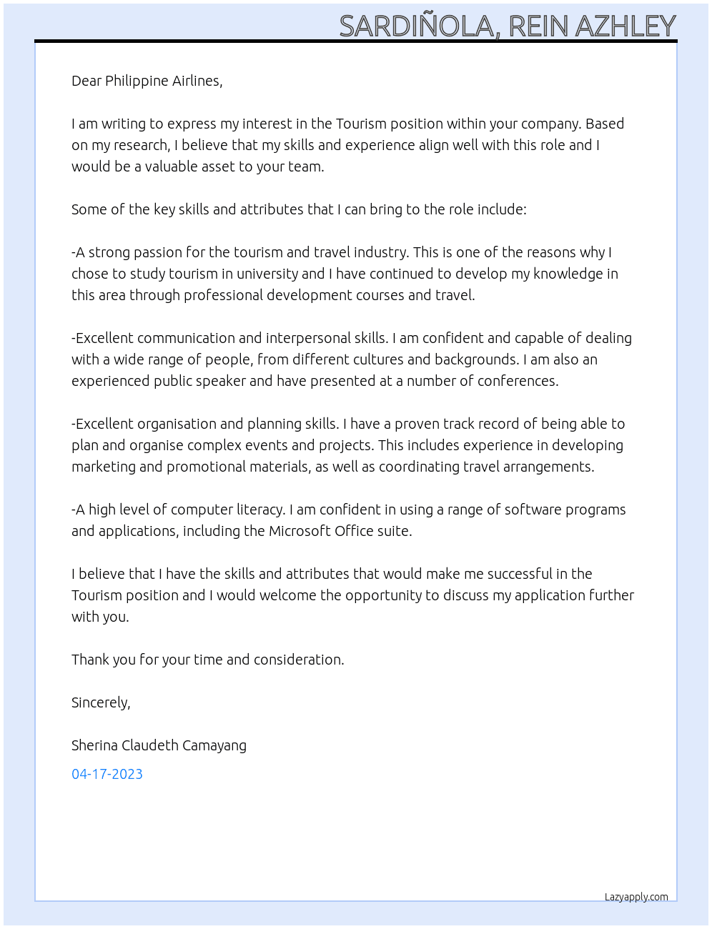 Tourism At Philippine Airline Cover Letter