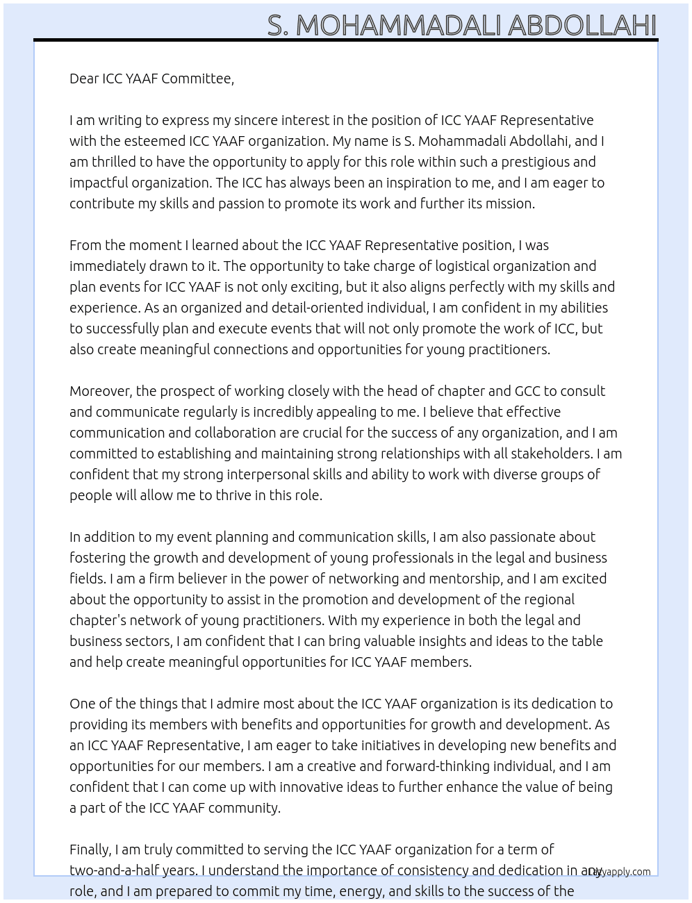 ICC YAAF Representative At ICC YAAF Cover Letter