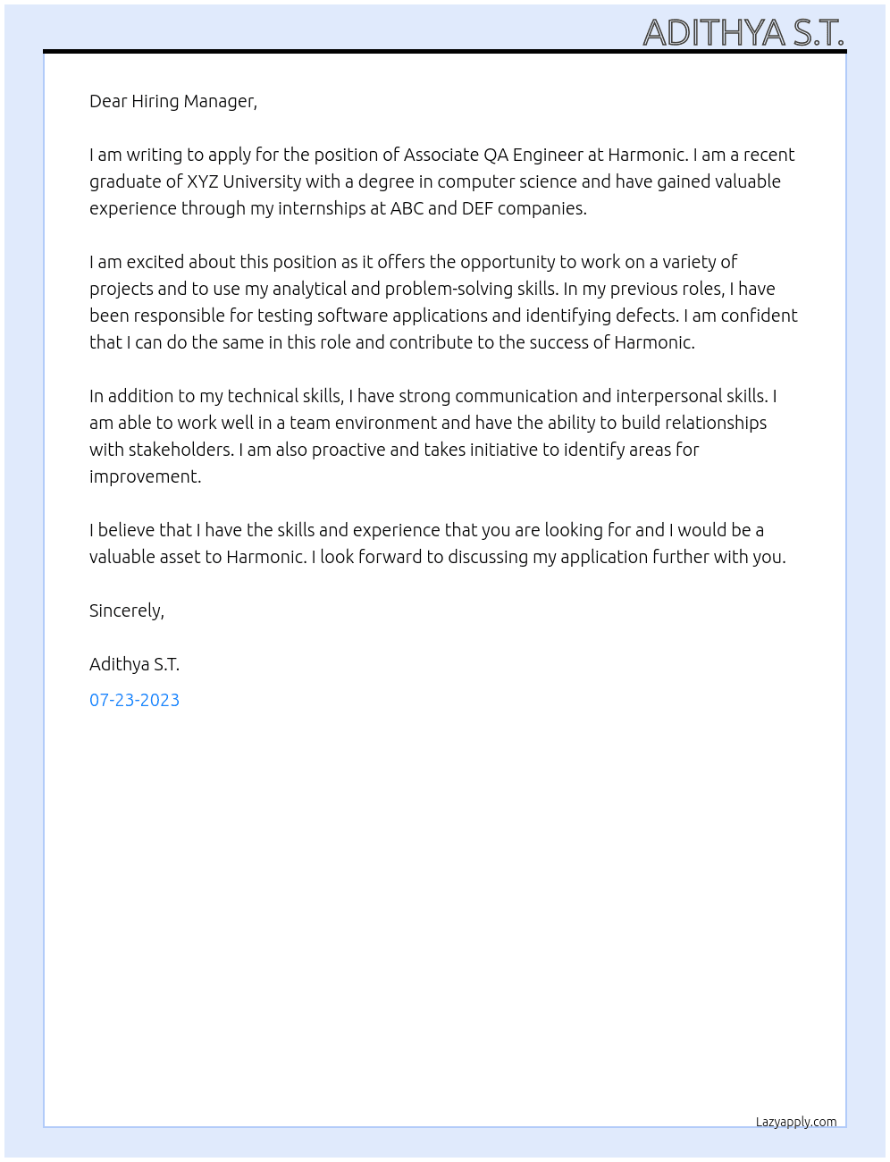Associate QA Engineer At Harmonic Cover Letter