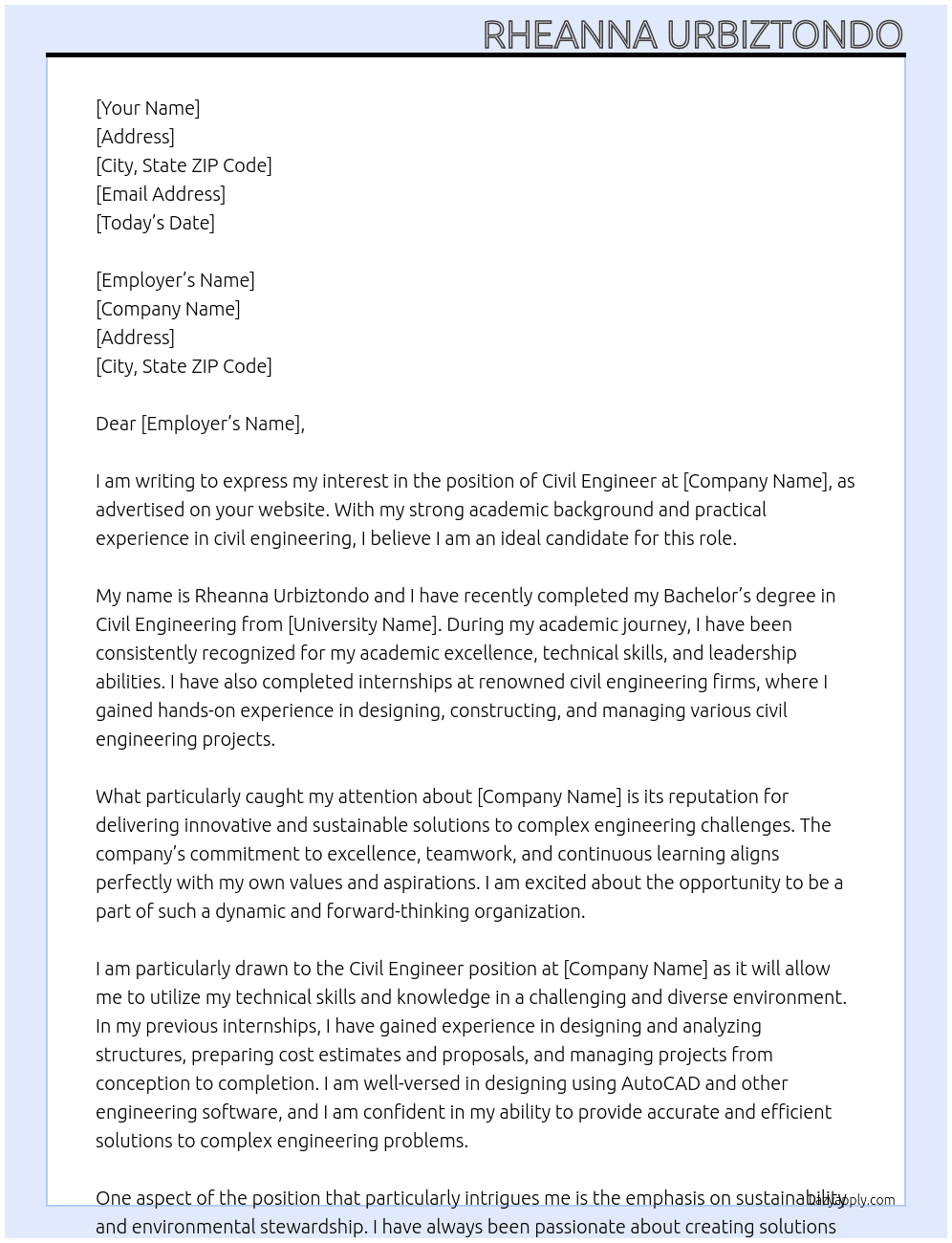 CIVIL ENGINEER At RHEANNA URBIZTONDO Cover Letter