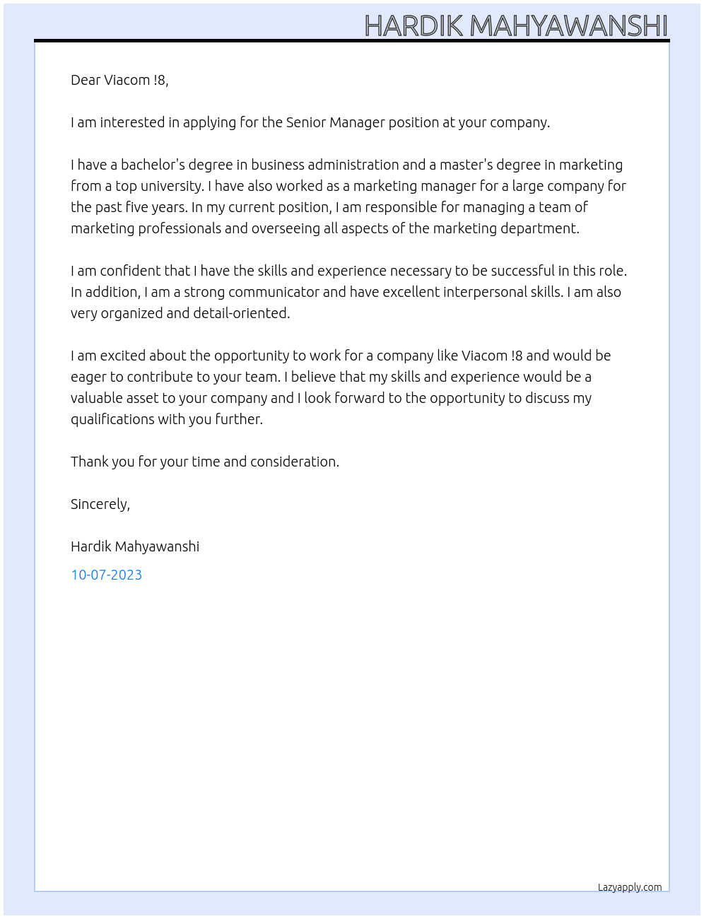 Senior Manager At Viacom !8 Cover Letter