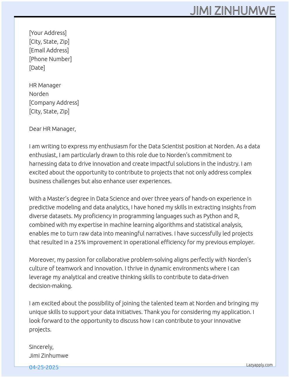 Data scientist   At Norden. Cover Letter