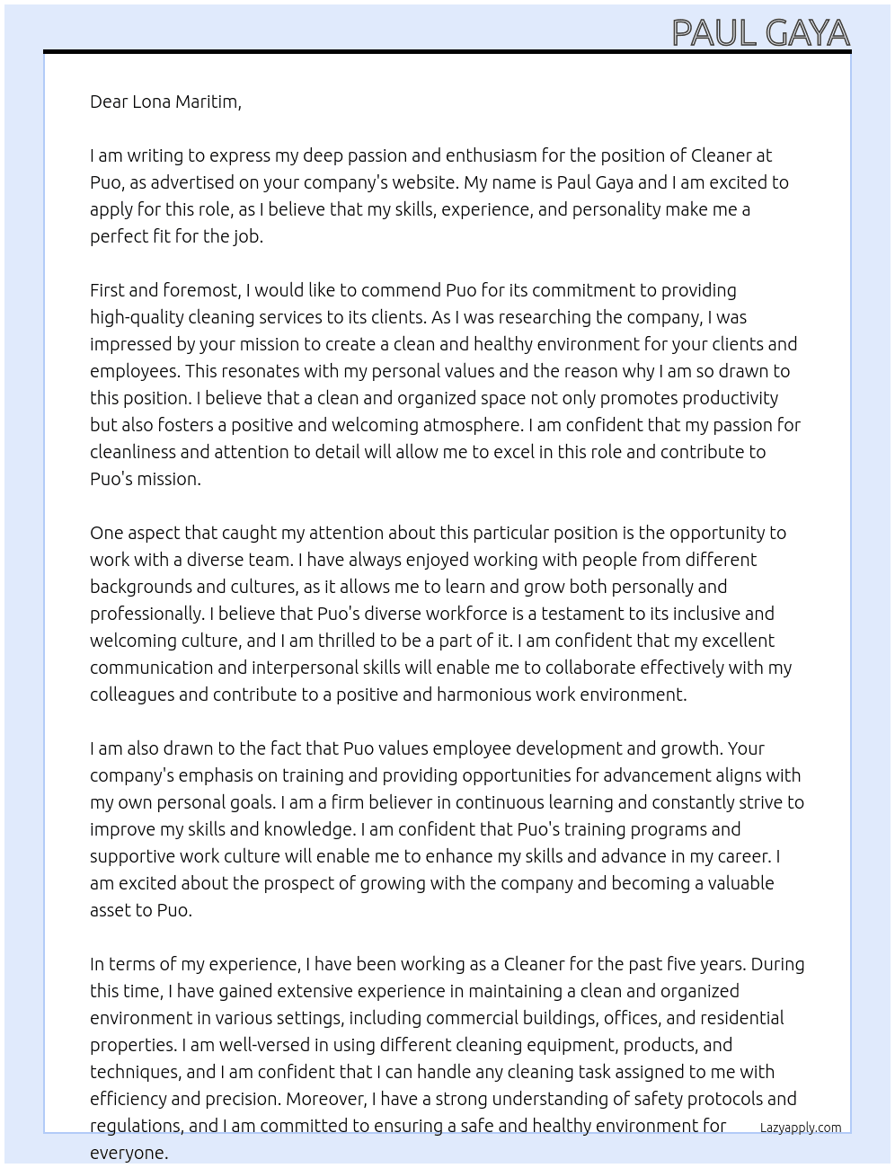 Cleaner At Puo Cover Letter